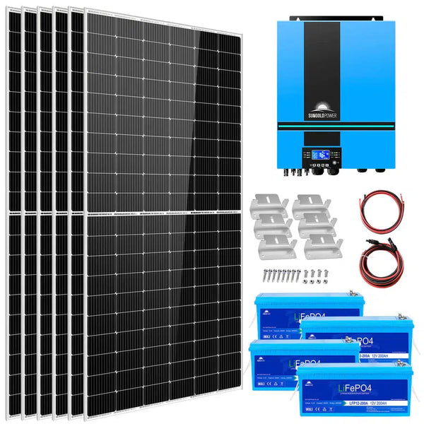 Sungold Power | COMPLETE OFF GRID SOLAR KIT 6500W 48V 120V OUTPUT 10.24KWH LITHIUM BATTERY 2700 WATT SOLAR PANEL