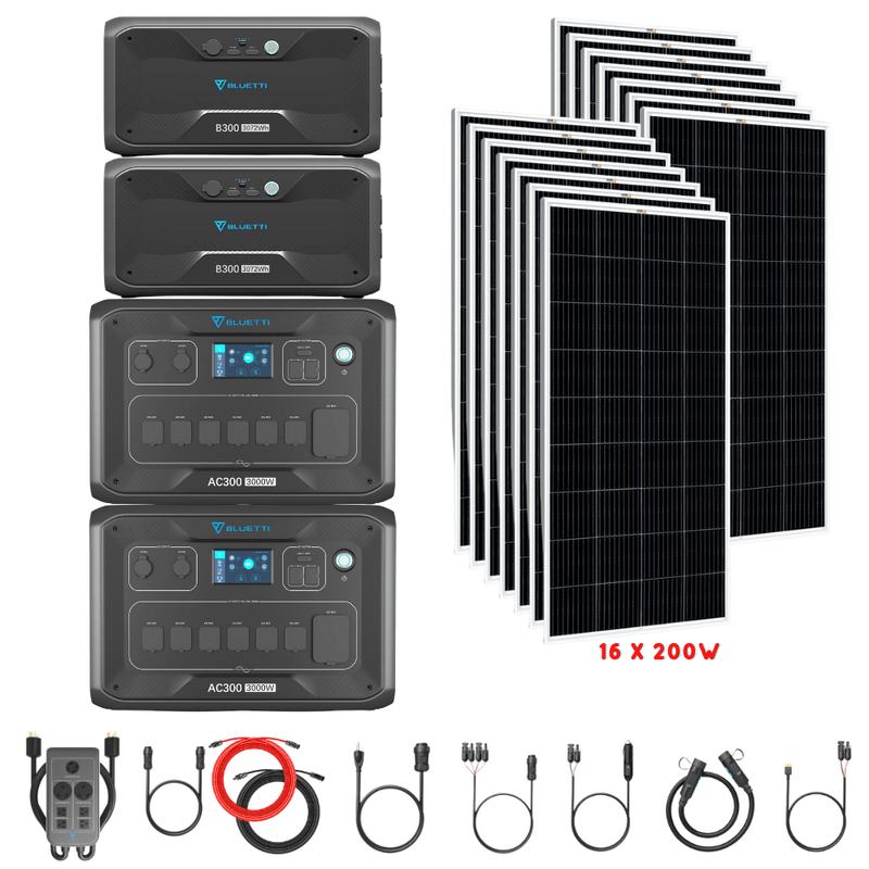 Bluetti [DUAL] AC300 6,000W 240V Split Phase + B300 Batteries + Solar Panels